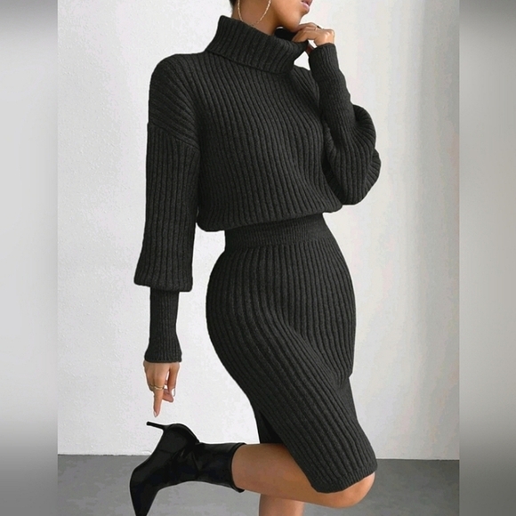 NEW Luxe Ribbed Knit Turtleneck Sweater Dress Long Sleeve Black - Picture 6 of 9